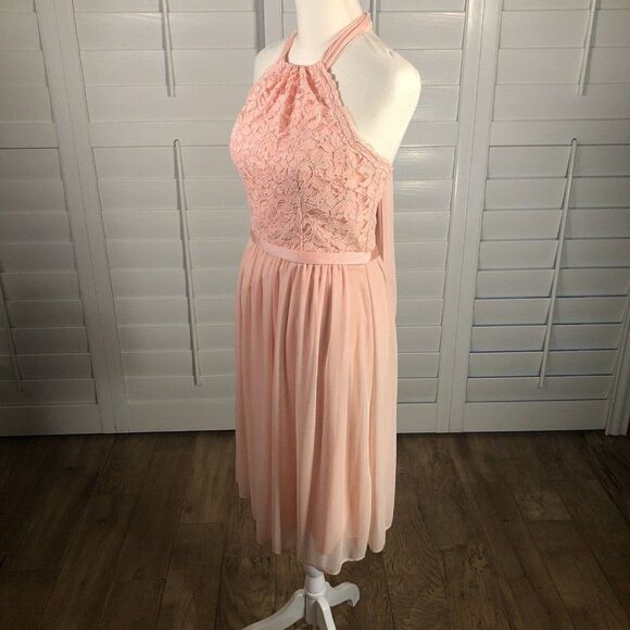 Peach Cocktail Dress 4 Pink Lace Chiffon Bridesmaid Dance Halter Homecoming Prom - Picture 3 of 10